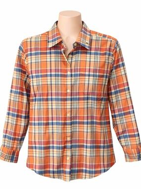 CHAPS Womens Top Orange Blue White Plaid No Iron Button Up Shirt Office Sz M